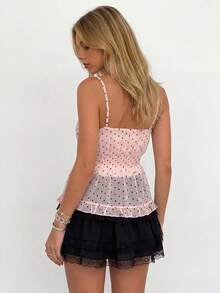 Sundraya Conjunto Feminino 2 Peças Regata Aberta com Poá Rosa & Saia Preta - Multicolorido - Visão 7