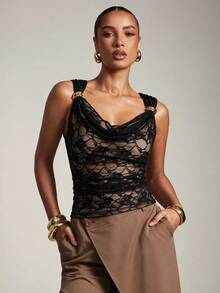Hauture Women's Basic Casual Office Ruched Shoulder With Gold Decor Cowl Neck Top - Black - View 4