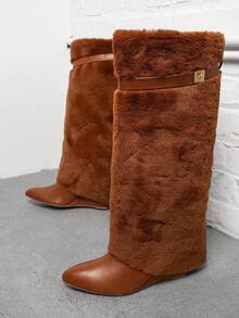 SHUZIA Fluffy Vegan Leather Slip On Heeled Boots Mother's Day Present - Rust Brown - View 2