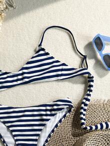 SHEIN Swim 女款 2 件式比基尼套裝，綠色紋理布料，細肩帶，無墊上衣，比基尼泳褲，女孩海灘泳裝套裝，適合夏季度假 - 藏蓝色 - 查看 3