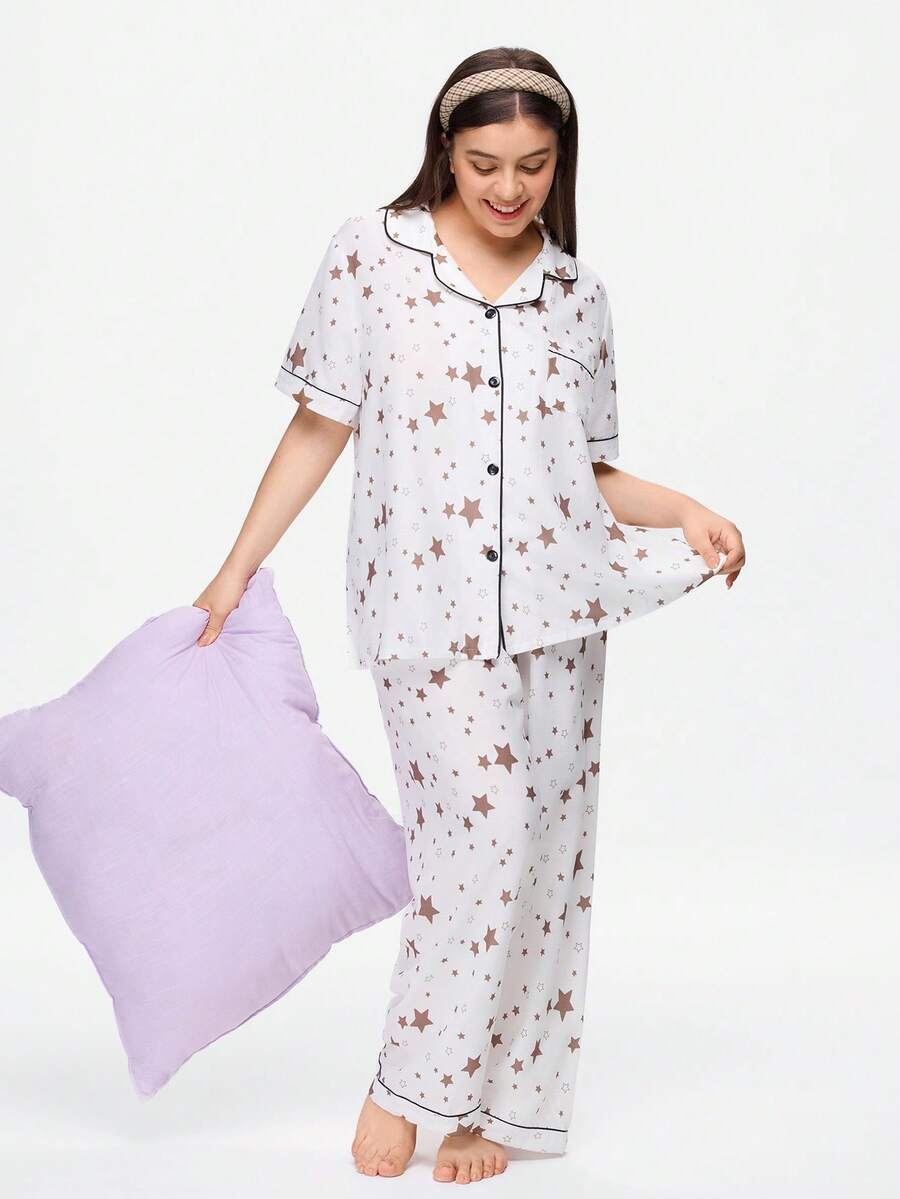 Bonmuse Plus Size Bubble Crinkle Star Print Lapel Short Sleeve Pajama Set Star Print Pajamas Cute Pajama Set For Women Comfy Pajamas Set Women's Sleepwear - White - View 1