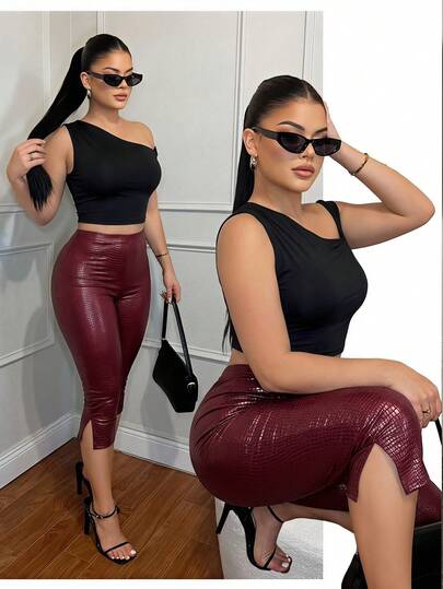 SHEIN SXY Women's Solid Color Split Design Casual Daily Wear 7/10 Length Leggings