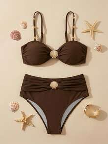 Swim Chiccia 2025春夏女士优雅度假金属贝壳串珠肩带高腰收腹棕色比基尼套装 - 彩色 - 查看 5