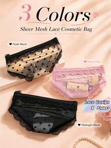 Cute Lace See Through Toiletry Bag Travel Makeup Storage Pouch For Eyeliner Brushes Lipstick Skincare Headphones - Multicolor - View 1