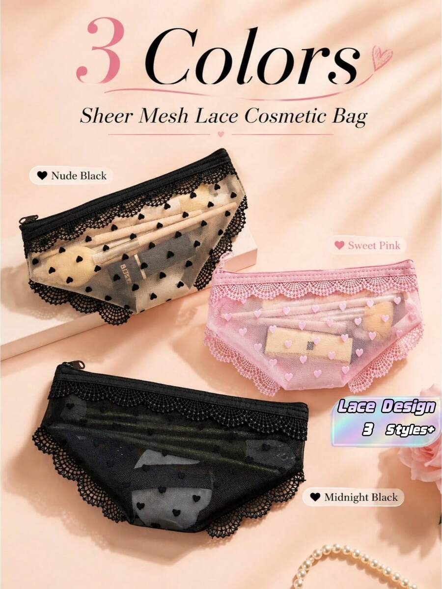 Cute Lace See Through Toiletry Bag Travel Makeup Storage Pouch For Eyeliner Brushes Lipstick Skincare Headphones - Multicolor - View 1
