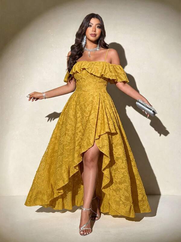 Viva Relle Plus Size Luxury Yellow Off-Shoulder Ruffle High Slit Dress, Cinched Cinched Waist Gentle Vacation Style Summer New Dress For Women