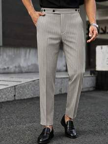 Manfinity Mode 2026春夏男士淺灰色細條紋高腰修身九分西裝褲，柔軟梭織面料，正式感，老錢風 - 灰色 - 查看 6
