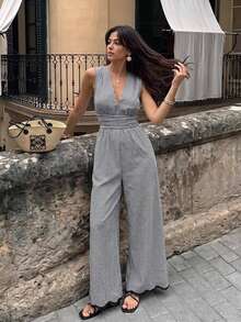 Serisse Women's Deep V-Neck Plaid Casual Daily Wear Jumpsuit Wide Leg Pants - Black - View 2