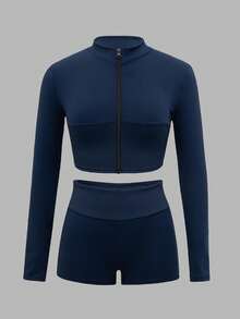 Sweetra Conjunto deportivo para mujer elegante y modesto de athleisure, chaqueta con cremallera y cintura ceñida, shorts ajustados de cintura alta con control de abdomen, conjunto de 2 piezas para gimnasio y running, azul marino, otoño - Azul Marino - Ver 1