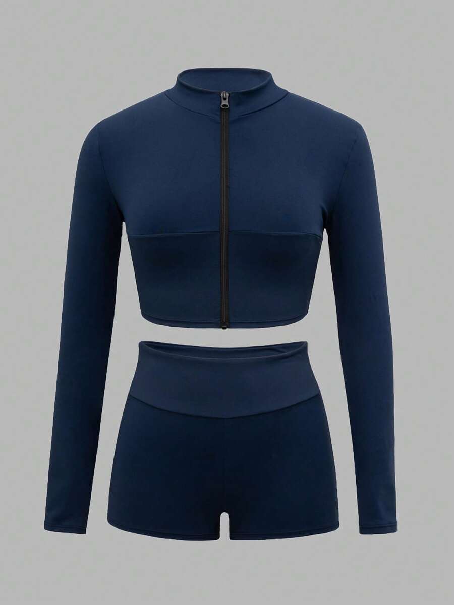 Sweetra Conjunto deportivo para mujer elegante y modesto de athleisure, chaqueta con cremallera y cintura ceñida, shorts ajustados de cintura alta con control de abdomen, conjunto de 2 piezas para gimnasio y running, azul marino, otoño - Azul Marino - Ver 1