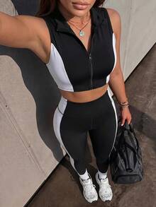 SHEIN Sports Girl Style Doll Half-Zip Line Design Sleeveless Top, Women's Colorblock Sports Tank Jacket - Black, Slim Fit Mock Turtle Neck Sleeveless T-Shirt With Zipper Design - Multicolor - View 5