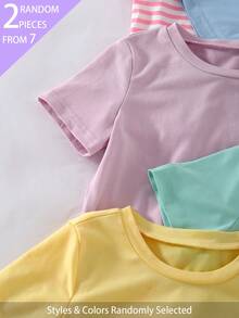 [2pcs Dikirim Secara Acak] Kaos Kasual Katun Lembut Warna Polos/Garis untuk Anak Perempuan, Cocok untuk Musim Panas, Kembali ke Sekolah, Musim Semi, Musim Gugur, Musim Dingin, Warna Polos + Desain Garis dengan Kerah Kontras, Gaya Amerika, 2pcs Dikirim Secara Acak - MultiWarna - View 4