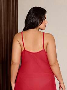 Slumberist Plus Size Women's Sheer Mesh Sexy Red Lace Side Slit Ruffle Trim Nightgown - Red - View 2