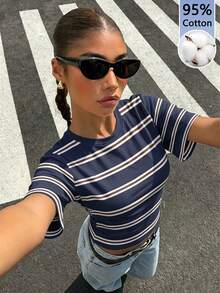 Muchica 女款夏季新款條紋收腰短袖T恤 休閒時尚 現代都市風 商務休閒 辦公穿搭 低調老錢風 優雅 - 彩色 - 查看 4
