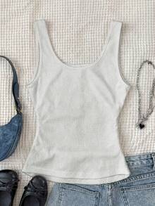 SHEIN Camiseta de tirantes básica gris acanalada con botones metálicos para adolescentes, camiseta de tirantes blanca casual versátil con escote profundo en U y espalda de nadadora - Gris Claro - Ver 2