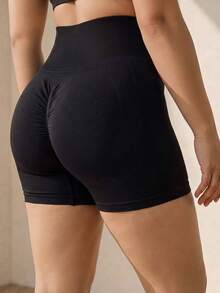 Rhythm Era Plus Size Seamless Solid Color Elastic Sports Shorts - Black - View 3