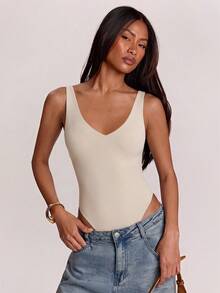 SHEIN BAE Women's Solid Color Minimalist Versatile Bodysuit For Daily Commute - Apricot - View 4