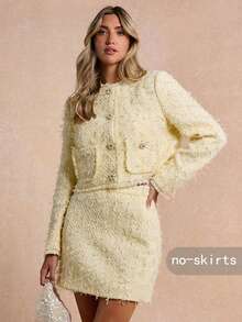 Enchnt Premium Pre-Fall Romantic Women's Elegant Pale Yellow Tweed Frayed Pearl Buttons Jacket,Office Outfits For Women,Going Out Outfits,Social - Yellow - View 2