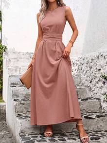 SHEIN Clasi 女款素色百褶休閒派對度假洋裝 灰粉色 夏季 - 粉色 - 查看 5