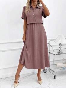 SHEIN Clasi Women's New Elegant Denim Effect Shirt & Camisole Dress 2-Piece Set, Suitable For Commuting And Multiple Occasions - Dusty Purple - View 4