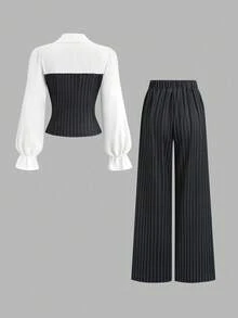 Sweetra Autumn New Classic Black & White Color Block Patchwork Polo Collar Design Fashion Commuter Style Women's Elegant Outfit - Black and White - View 2