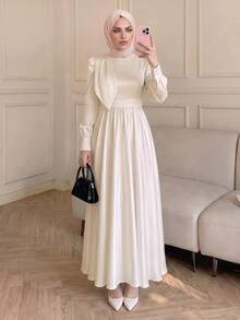 Celisse Vestido Feminino Premium com Textura de Cetim, Design de Laço Decorativo, Cintura Marcada, Elegante, Manga Longa, Casual para Trabalho e Passeio, Estilo Vintage Court para Festa e Encontros - Damasco - Visão 5