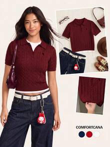 Comfortcana 女款騎士圖案短袖 Polo 領休閒針織上衣 - 酒紅色 - 查看 8