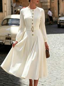 Balvessa Solid Color Metal Button Waist Wrap Elegant Women's Long Dress - Beige - View 3
