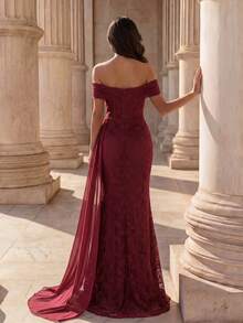 Coutiva Women's Off-Shoulder Fitted Extra Long Lace Mermaid Hem Evening Gown - Burgundy - View 3