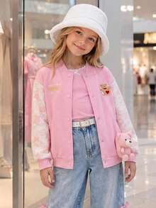 Chaqueta de béisbol casual simple con parches de oso para niña preadolescente, otoño/invierno - Rosa - Ver 1