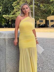 Jeta Ari Apricot Asymmetric Shoulder Elegant Bodycon Dress,Mesh Overlay Flowy Gown,Pale Yellow,Summer,Seductive,Party,Bridesmaid,Wedding,Vacation,Beach - Yellow - View 5