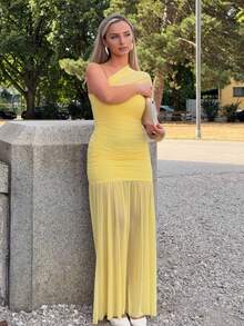 Jeta Ari Apricot Asymmetric Shoulder Elegant Bodycon Dress,Mesh Overlay Flowy Gown,Pale Yellow,Summer,Seductive,Party,Bridesmaid,Wedding,Vacation,Beach - Yellow - View 6