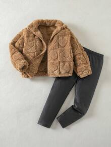 Emery Rose Kids Emery Rose Kids Young Girl 2pcs Young Kids Girls Zip Up Hoodie Jacket & PU Leather Leggings Set,Furry Coat & Pants - Brown - View 3
