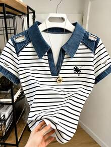 SHEIN 女款黑白條紋 Polo 衫，修身馬標 T 恤，休閒日常上衣，夏季新品，經典馬術印花，學院風基礎款 - 彩色 - 查看 3