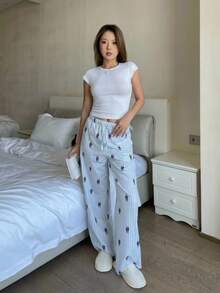 SHEIN Celana Longgar Bergaris Biru & Putih Serbaguna untuk Liburan Musim Panas Remaja Putri - Blue and White - View 4