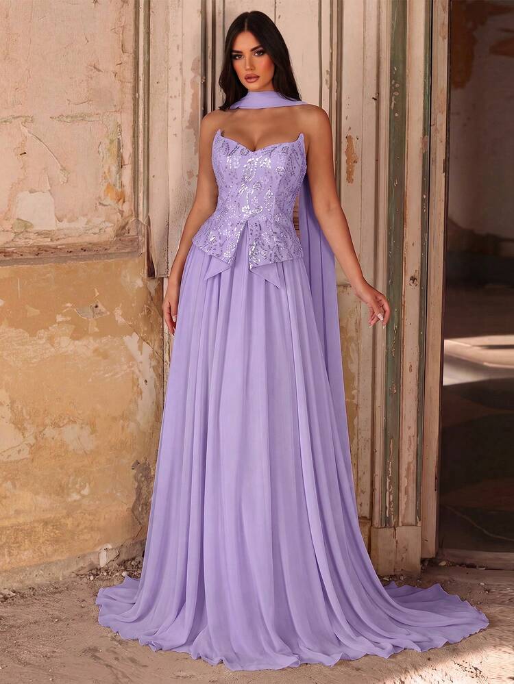 purple bachelorette party dress Glamrae Elegant Romantic Fashionable Graceful Chiffon Fabric Sequin Patchwork Cup A-Line Elegant Wedding Guest Dress Party Dress Formal Evening Gown Size:S (MADE-TO-ORDER) Size medium measures 52.50 pair:sophia-petite-round-halo-stud-earrings-gold Berlook Women's Spaghetti Strap