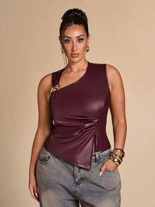 SHEIN BAE CURVE 大尺碼女款金屬扣飾百褶不對稱下擺上衣 冬季 - 酒紅色 - 查看 8
