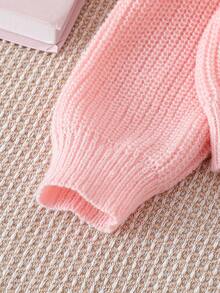 SHEIN Playful Pals Cardigan Lengan Panjang Kasual Leher V Warna Polos untuk Anak Perempuan - Baby Pink - View 3