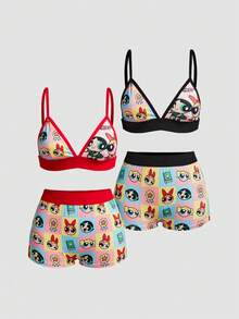 Chillnights THE POWERPUFF GIRLS X SHEIN 4pcs Plaid Camisole Bra & Hipster Panty Set - Multicolor - View 1