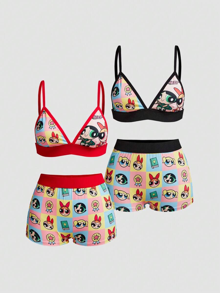 Chillnights THE POWERPUFF GIRLS X SHEIN 4pcs Plaid Camisole Bra & Hipster Panty Set - Multicolor - View 1