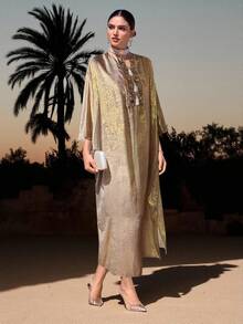 Al Najma 女士宽松V领蝙蝠袖流苏设计阿拉伯风格连衣裙 - 粉色 - 查看 5