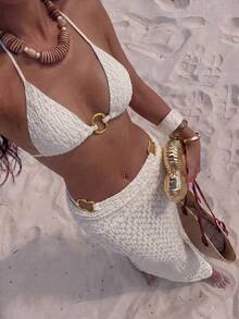 Sirith 3-Piece Shiny Summer Casual Pool Party Vacation Holiday Solid Color Halter Triangle Bikini Set With Metal Rings And Mesh Beach Skirt - White - View 1