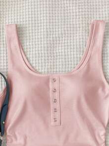 SHEIN 青少年女孩基礎款白色波點羅紋背心，配金屬鈕扣，休閒百搭深U領工字背心 - 粉色 - 查看 4