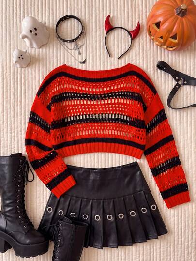 Comfortcana Plus Size Women's Striped Hollow-Out Dropped Shoulder Long Sleeve Pullover Sweater