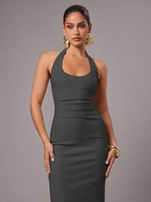Silquee Women's Spring/Summer Solid Dark Grey Halter Neck Backless Dress Night Out Date Night Sexy - Grey - View 4