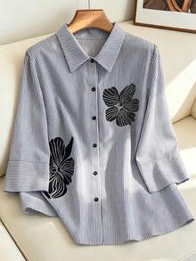 SHEIN Clasi 大码休闲通勤花卉条纹印花衬衫 - 黑色 - 查看 1