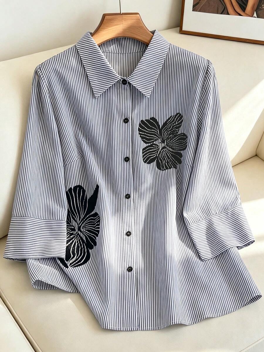 SHEIN Clasi 大码休闲通勤花卉条纹印花衬衫 - 黑色 - 查看 1