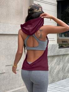 Dewbera Dewbera 女士时尚休闲户外健身跑步前中口袋无袖连帽抽绳露背性感瑜伽运动卫衣，夏季 - 酒紅色 - 查看 4