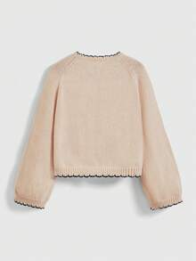 ROMWE Autumn/Winter Women's Short Fish Line Embroidered Crew Neck Flared Sleeve Contrast Trim Sweater - Apricot - View 2