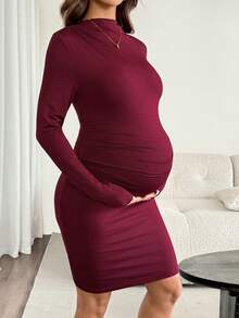 SHEIN Maternity Solid Color Long Sleeve Ruched Fitted Elegant Dress Fall Fall/Winter Casual - Burgundy - View 4